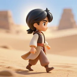 profile view of young aladdin as nendoroid walking in a desert in the croods movie style, wearing typical clothes, 8 k, hd, dof, kodak film, volumetric lighting, bright backlit, subsurface scattering, photorealistic, octane render