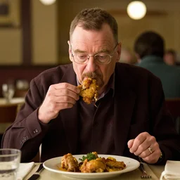 Walter White eating chicken in a restaurant, photo