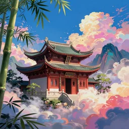 beautiful chinese architecture with mountains, bamboo, blue skies, and voluminous clouds ; beautiful, amazing, colorful, dramatic lighting, cel - shaded, amazing depth, vivid colors, masterpiece ; behance hd, octane render, unreal engine 5, hyperdetailed, photography, photorealistic