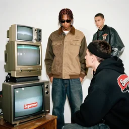 y 2 k cutecore person looking at vintage crts, supreme lookbook photography
