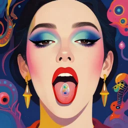 a colorful vibrant closeup portrait of a glam makeup licking a tab of lsd acid on his tongue and dreaming psychedelic hallucinations, by kawase hasui, moebius, edward hopper and james gilleard, zdzislaw beksinski, steven outram colorful flat surreal design, hd, 8 k, artstation