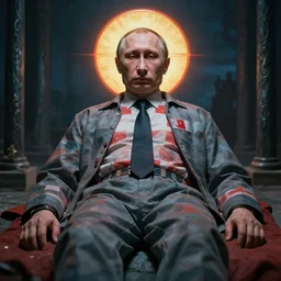 corpse of putin, prison, justice, hyper - realistic, sharp focus, depth of field, hyper - detailed visionary art, symmetric, hell, holy halo, dramatic ambient lighting, high detail, vibrant colors, the thing 1 9 8 2