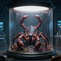 slimy wet scorpion lovecraft alien tarantula monster trapped inside a large transparent science fiction mass effect glass containment chamber in a furnished science fiction spaceship laboratory, dramatic lighting, octane, trending on artstation, volumetric lighting — w 6 4 0