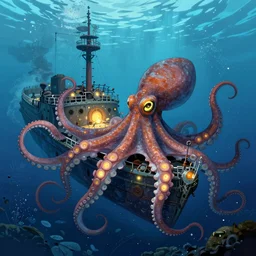 underwater life, sunken ship, great octopus, surreal, infographic, epic fantasy, digital art, concept art, glowing lights, detailed illustration, hd, 4 k, highly saturated colors, digital art, greg rutkowski, mike franchina, dan mumford, studio ghibli, trending on artstation