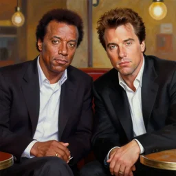 painting pulp fiction movie highly detailed full - body samuel l jackson and john travolta posing in cafe, perfect symmetrical eyes, by david lynch, pulp fiction style, 8 k resolution, digital art, hyper realistic