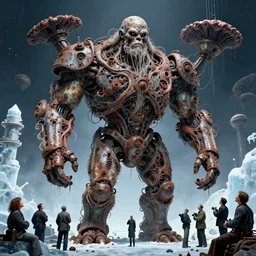 movie still of intricatly self macerated by age, sentient, dethroned goliath machine, blood turbines, hydrocracking space ice, rusted, macerated, eviscerated by fimbria wires, bicornate fungal space station, by alberto bontempi, shigeru komatsuzaki, wayne d barlowe, alex ross, simon bisley &