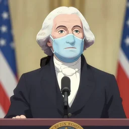 a politician giving a speech wearing a mask of George Washington, anime film still from the an anime directed by Katsuhiro Otomo with art direction by Salvador Dalí, wide lens