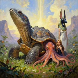 fantasy oil painting, great leviathan, cybernetic turtle cephalopod terrapin reptilian pachyderm squid, bella hadid, milla jovovich, anubis, hybrid, epic natural light, lush plants flowers, spectacular mountains, bright clouds, luminous sky, outer worlds, golden hour, michael cheval, edward hopper, michael whelan, vray, hd
