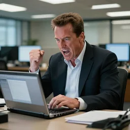 arnold schwarzenegger as conan the barbarian, in an office, inside an office building, sitting at a desk, shouting at a laptop, angry, laptop trouble, technical difficulties, software error, crisp lighting, studio lighting