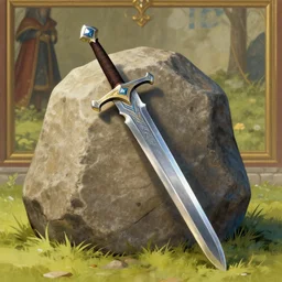 the buster sword from final fantasy stuck in a boulder like the sword in the stone, medieval painting