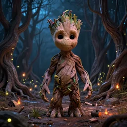 a stunning ultra detailed fantasy fine art photo of a calm groot in a barren sinuous forest surrounded by fireflies, by tomasz alen kopera and anna dittman, night, very detailed, deep depth of field, 3 5 mm lens, soft lighting, artstation, highly coherent, 8 k