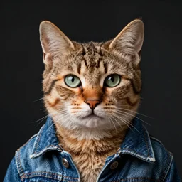 full head photo portrait of a cute havana brown cat made with jeans jacket, medium shot, super realistic, crisp details, sharp, detailed, intricate, volumetric lights, cinematic, shit with hasselblad, octane render
