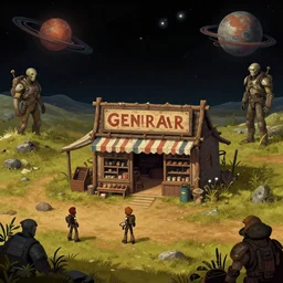 in front of a general store in a remote outpost, on an alien planet, from a space themed point and click 2 d graphic adventure game, set design inspired slightly by hg giger and tomb raider, art inspired by thomas kinkade and [ [ [ [ [ greg rutkowski
