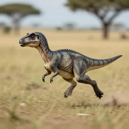 award winning photo by national geographic of a tiny gray dinosaur running very fast in the savannah, motion blur, tiny gaussian blur, insanely detailed, insanely intricate, depth of field, low contrast, summer, wide aperture, action photography