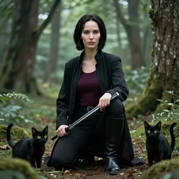 a fantasy style mix of Neo from the Matrix in a forest and cute black cats, 50mm lens