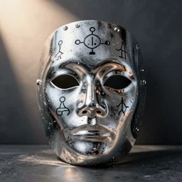 a mask made of pure liquid mercury, alchemical symbols written on it, illustration