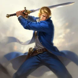 a man in a blue suit with blond hair swinging a sword and holding a pistol, fantasy, d & d, heartstone, digital painting, volumetric light, intricate, sharp, focus, bloom, illustration, highly detailed, concept art, matte, ruan jia, randy vargas, greg rutkowski