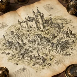 close up of steampunk town map with drawings on it of fantasy land with a castle and buildings
