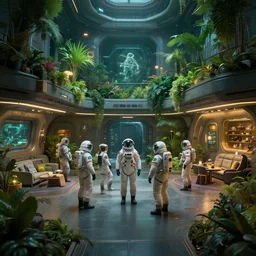 people in space uniforms hanging out in a well lit spaceship main hall with lush green gardens and living quarters, cyberpunk, moody, luminescent, rule of thirds, golden ratio, ambient lighting, syd mead, greg rutkowski, wlop, artgerm, artstation, highly detailed masterpiece