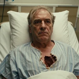 7 0 s movie still of an old man with a deep hole! in the chest! in the hospital, cinestill 8 0 0 t _ 3 5 mm eastmancolor, heavy grain, high quality, high detail