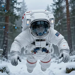 close - up portrait of space astronaut with white spacesuit flying inside siberian big green pines snow forest, small foggy and gloomy, blue lights, bokeh background, close - up shot, highly detailed science fiction illustration by jeremy geddes. photorealistic, octane render, hyper detailed, 8 k, movie still, artstation, unreal engine