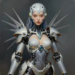 ultra realist soft painting of a single attractive cyborg female sillicon skin cyborg  armored, curiosities carnival, symmetry accurate features, very intricate details, focus, curvy, artstyle Hiraku Tanaka and Tom Bagshaw, award winning