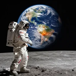 an astronaut on the moon watches the earth explode