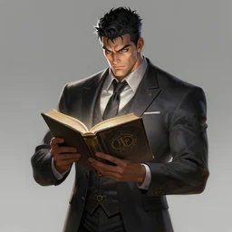 a highly detailed illustration of fierce short black haired man wearing suit, dramatic reading book pose, muscular, intricate, elegant, highly detailed, centered, digital painting, artstation, concept art, smooth, sharp focus, league of legends concept art, WLOP