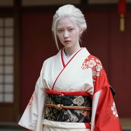 albino asian woman wearing a hakama, fluent composition, red white and black, concept art, ambient light, 4 k, intricate details, highly professionally detailed, cgsociety, highly detailed -