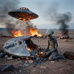 crashed shattered burning UFO broken flying saucer in pieces strewn across a rocky desert, with a sad Roswell grey alien trying to repair his destroyed shattered spacecraft in the desert, crashed smoking UFO on fire, crashed bent and broken Flying Saucer in flames, dusk, Nikon photo