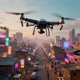 3 d vfx - caricature - art of flying drones above a bustling - neon lit - ajegunle slum in nigeria, cinestill 8 0 0 t photograph, unreal engine render, digital illustration, illustration style by mike winkelmann, sharp, intricate detail, volumetric light, ray tracing, soft light, colourful, surreal environment, wide angle first person view,