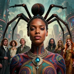 realistic detailed closeup portrait movie shot of a beautiful black woman with a giant spider, dystopian city landscape background by denis villeneuve, amano, yves tanguy, alphonse mucha, max ernst, ernst haeckel, caravaggio, roger dean, cyber necklace, rich moody colours, sci fi patterns, wide angle