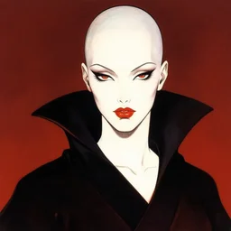 portrait of bald korean vampiress, strong line, saturated color, beautiful! coherent! by frank frazetta, high contrast, minimalism