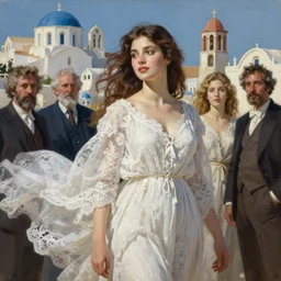 painting of a beautiful woman with white flowing lace linen with a greek town in the background by yoji shinkawa frank frazetta, charlie bowater, magali villeneuve, j. c. leyendecker, ray - traced lighting, ultra realistic, detailed,