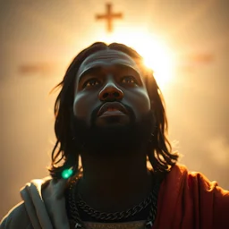 photo portrait of kanye west as jesus in skyrim, sun behind head, saint, holy, splash art, movie still, cinematic lighting, dramatic, octane render, long lens, shallow depth of field, bokeh, anamorphic lens flare, 8 k, hyper detailed, 3 5 mm film grain