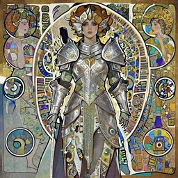 front facing symmetrical centered portrait, Imogen Poots as a Paladin, Arcane style, fantasy concept art by Tomer Hanuka, cgsociety, vanitas, ilya kuvshinov, Klimt, Mucha, 2d game art