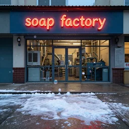 a sidewalk covered in soap in front of a soap factory with a lit neon sign saying'soap factory ', bubbles float through the air