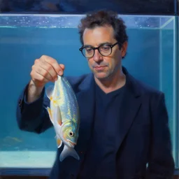 ray romano with glasses holding a fish in front of an aquarium, ethereal, painting by karol bak