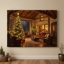 a christmas eve in a beautiful home, photorealistic landscape painting on the wall, ascher clemens, home, interior, octane render, deviantart, greg rutkowski, cinematic, key art, hyperrealism, canon eos c 3 0 0, ƒ 1. 8, 3 5 mm, 8 k, medium - format print