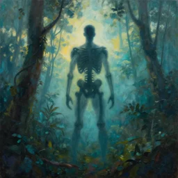 foggy jungle , muscular skeleton silhouette backlight , cyan atmosphere , very detailed oil painting by frazetta visible brushmarks, dramatic clouds sunset panorama with ground and sky