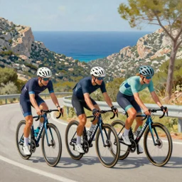 3 friends on professional road bycycles riding in the mountains of Mallorca, sea in the background, oil painting, 4k