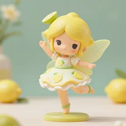 a wholesome femo figurine of a cute funny lemon fairy with freckles wearing a frilly floral lemon dress featured on dark souls by studio ghibly and h r giger made of lemon curd jar, pastels, wide angle, dynamic dancing pose, 🎀 🍋 🧚