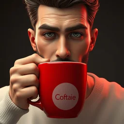 portrait of a ( ( ( large red ceramic mug of coffee ) ) ), ( ( dotado futuristic handsome young italian ) ), drinking coffee, 3 d photorealistic, concept character, by filip hodas, trending on artstation