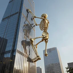 giant human skeleton climbing side of a ( ( skyscraper ) ), 8 k, volumetric lighting, epic scale, surrealism, hyperrealistic, aesthetic octane render