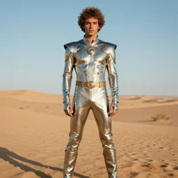 portrait davis taylor brown dressed in 1 9 8 1 space fantasy fashion, new wave, shiny metal, standing in a desert