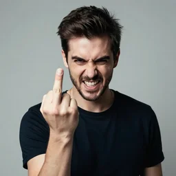 a man with an evil expression giving a middle finger