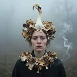 photographic portrait of sad max ernst woman swan headdress dried melting floral fungus with spiraling cigarette smoke, in fog