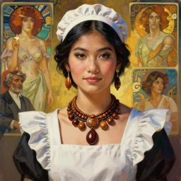 pulp art, gorgeous maid, asian, iranian, wooden jewerly, elegant, vibrant, smooth, by ilya kuvshinov, craig mullins, edgar maxence, alphonse mucha, artgerm, sakimichan