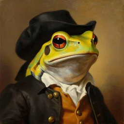 a head and shoulders portrait painting of an anthropomorphic!!!!!!!!!! amazon milk frog!!!!!!!!!! wearing a colonial outfit without a hat looking off camera, a character portrait, history painting, oil on canvas, warm lighting
