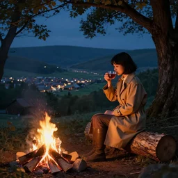 A panoramic photograph of a girl with short black hair in a tan tenchcoat sitting on a log and drinking tea by the campfire at night in a grove, large landscape with a village in the valley, by Greg Rutkowski, 4k photorealistic, volumetric lighting, HD, high details, dramatic, trending on artstation